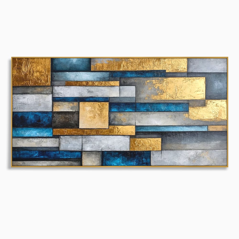 Tablou canvas cu pictura abstracta cu forme geometrice aurii, in rama de aluminiu auriu
